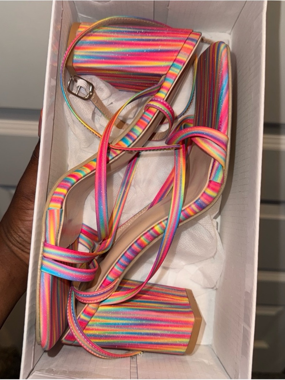 Multi-Color Stripe Block Heel Sandals - Women